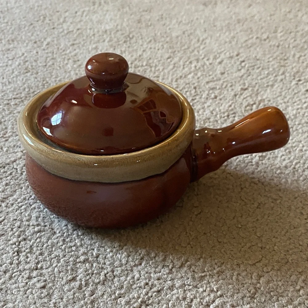Brown Ceramic Soup Crock with Lid and Handle
